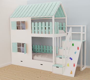 Etagenbetthaus für 2 Kids+Kletterwand
